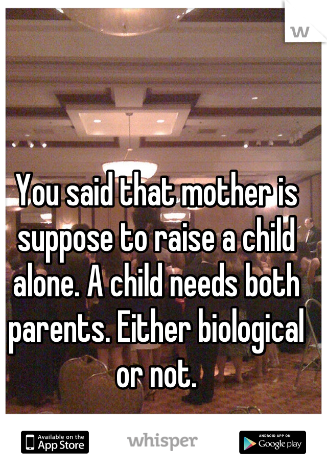 You said that mother is suppose to raise a child alone. A child needs both parents. Either biological or not.