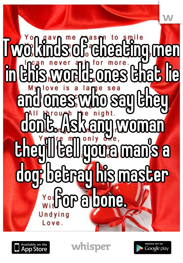 Two kinds of cheating men in this world: ones that lie and ones who say they don't. Ask any woman they'll tell you a man's a dog; betray his master for a bone. 