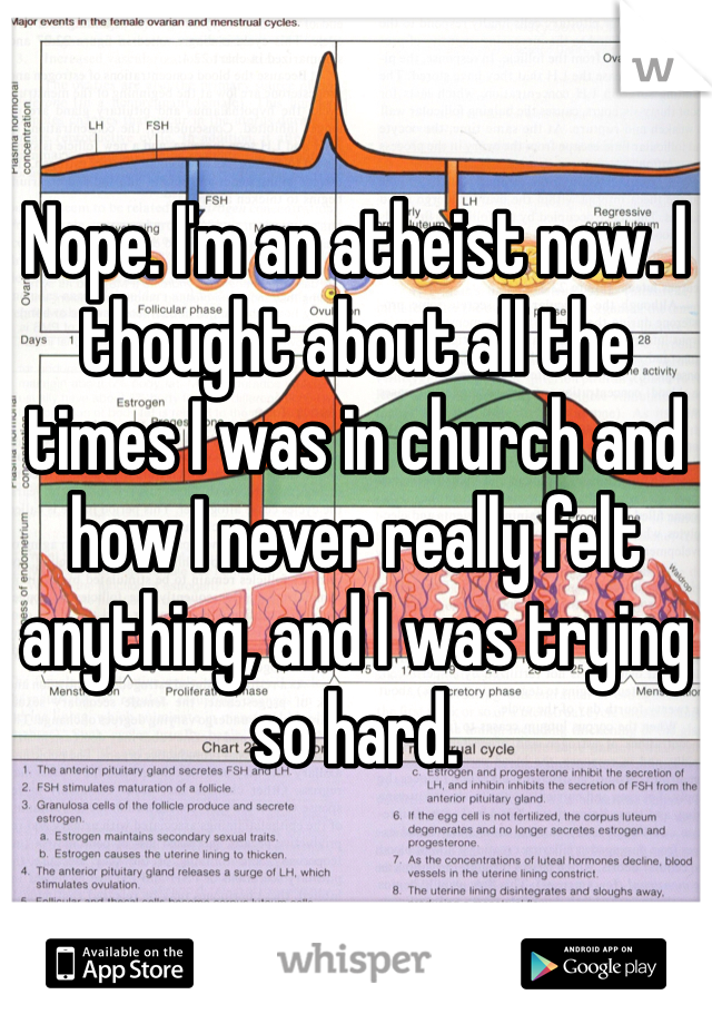 Nope. I'm an atheist now. I thought about all the times I was in church and how I never really felt anything, and I was trying so hard.  