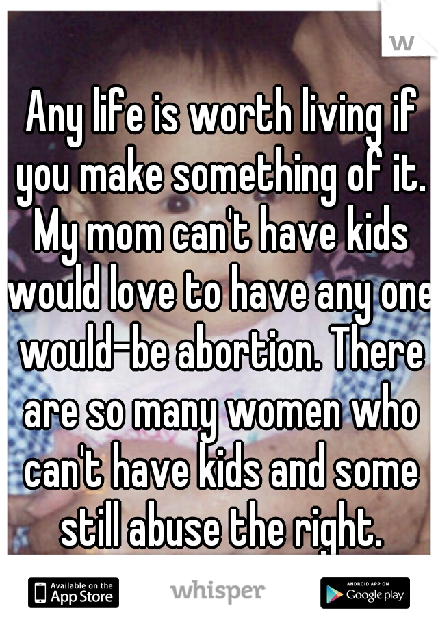 Any life is worth living if you make something of it. My mom can't have kids would love to have any one would-be abortion. There are so many women who can't have kids and some still abuse the right.