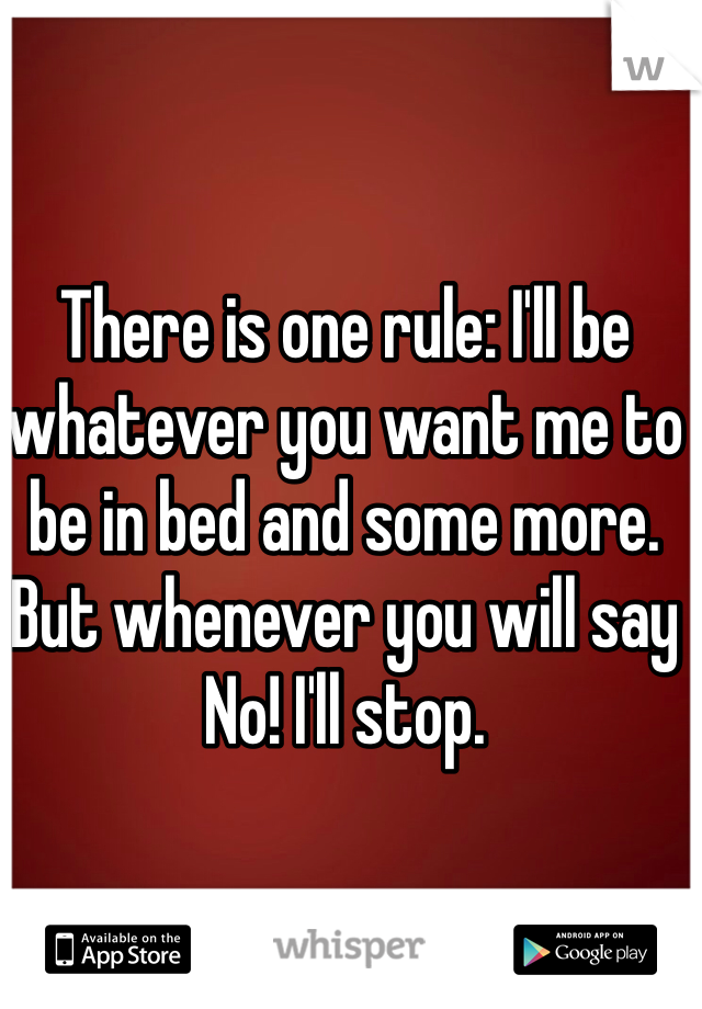 There is one rule: I'll be whatever you want me to be in bed and some more. But whenever you will say No! I'll stop. 