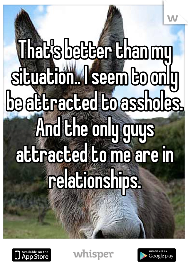 That's better than my situation.. I seem to only 
be attracted to assholes. And the only guys attracted to me are in relationships.