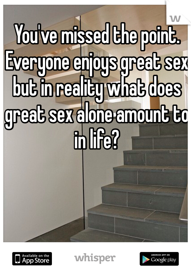 You've missed the point. Everyone enjoys great sex but in reality what does great sex alone amount to in life? 