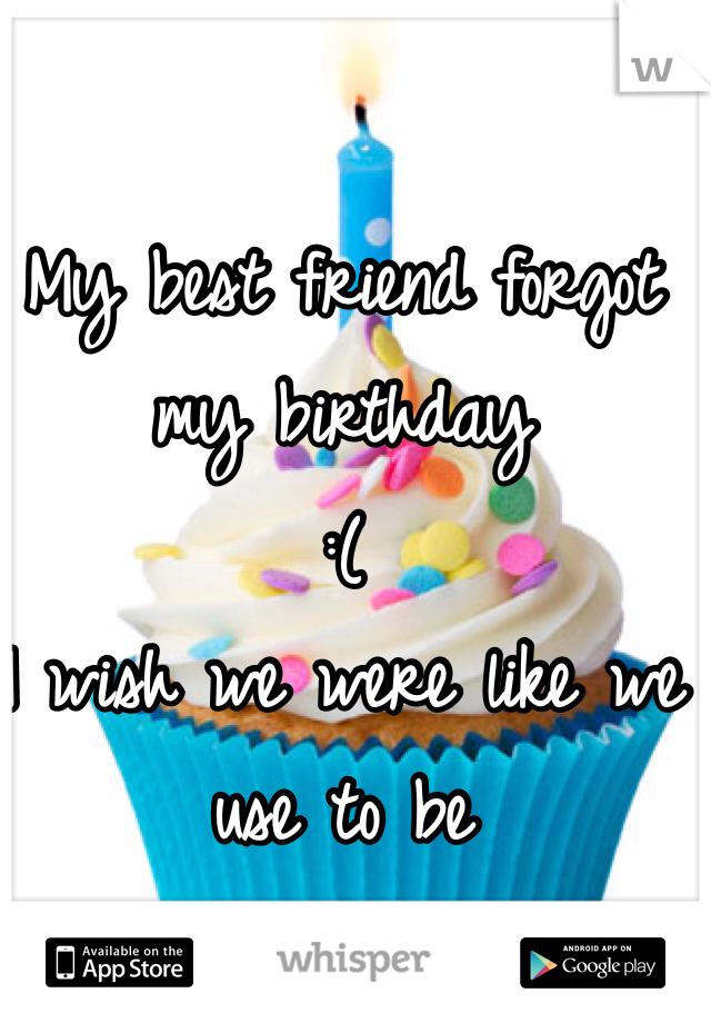 My best friend forgot my birthday
:(
I wish we were like we use to be
