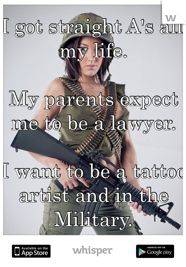 I got straight A's all my life. 

My parents expect me to be a lawyer.

I want to be a tattoo artist and in the Military. 