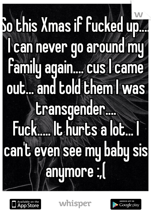 So this Xmas if fucked up.... I can never go around my family again.... cus I came out... and told them I was transgender....
Fuck..... It hurts a lot... I can't even see my baby sis anymore :,(