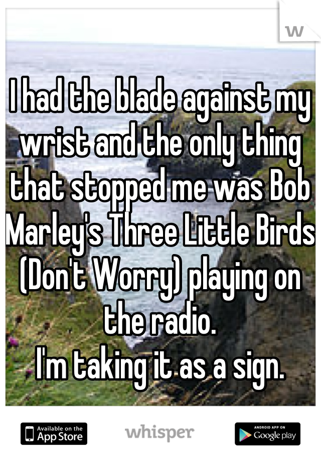 I had the blade against my wrist and the only thing that stopped me was Bob Marley's Three Little Birds (Don't Worry) playing on the radio.
I'm taking it as a sign.