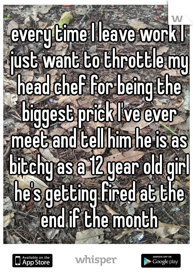 every time I leave work I just want to throttle my head chef for being the biggest prick I've ever meet and tell him he is as bitchy as a 12 year old girl he's getting fired at the end if the month