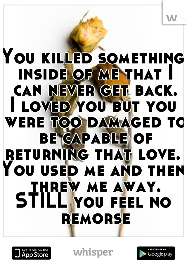 You killed something inside of me that I can never get back.
I loved you but you were too damaged to be capable of returning that love. 
You used me and then threw me away.
STILL you feel no remorse
