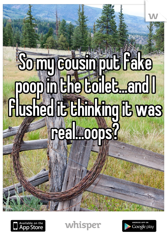 So my cousin put fake poop in the toilet...and I flushed it thinking it was real...oops?