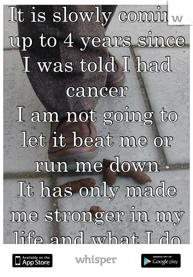 It is slowly coming up to 4 years since I was told I had cancer
I am not going to let it beat me or run me down
It has only made me stronger in my life and what I do 
