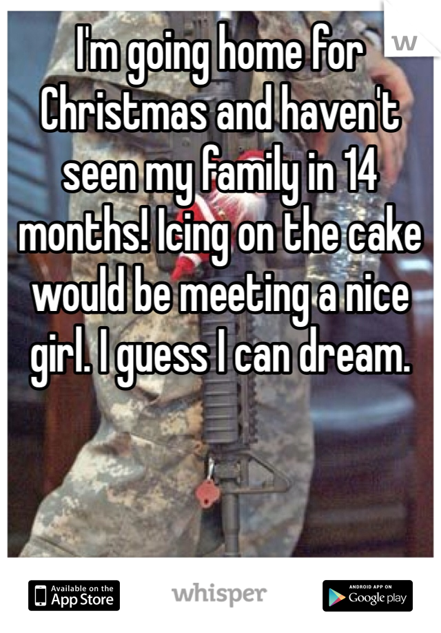 I'm going home for Christmas and haven't seen my family in 14 months! Icing on the cake would be meeting a nice girl. I guess I can dream.
