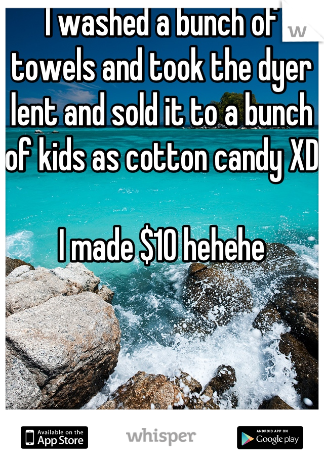I washed a bunch of towels and took the dyer lent and sold it to a bunch of kids as cotton candy XD

I made $10 hehehe