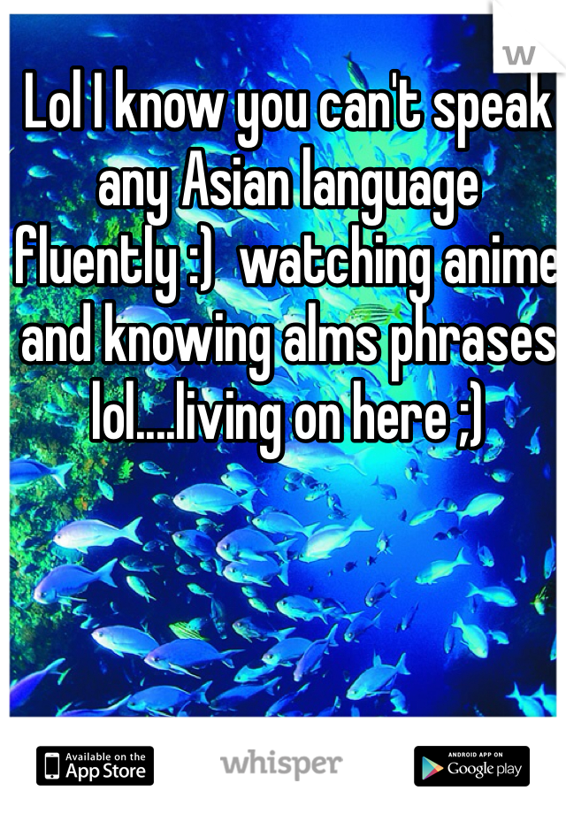 Lol I know you can't speak any Asian language fluently :)  watching anime and knowing alms phrases lol....living on here ;) 
