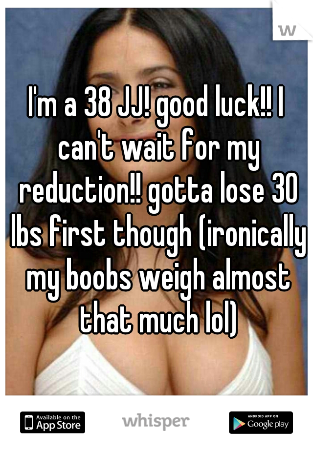 I'm a 38 JJ! good luck!! I can't wait for my reduction!! gotta lose 30 lbs first though (ironically my boobs weigh almost that much lol)