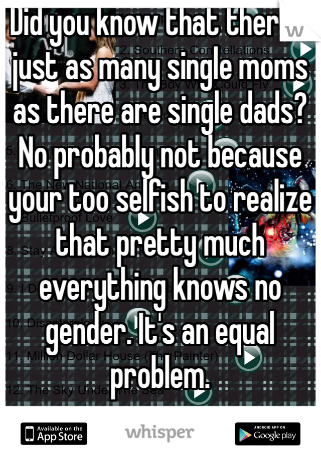 Did you know that there's just as many single moms as there are single dads? No probably not because your too selfish to realize that pretty much everything knows no gender. It's an equal problem. 