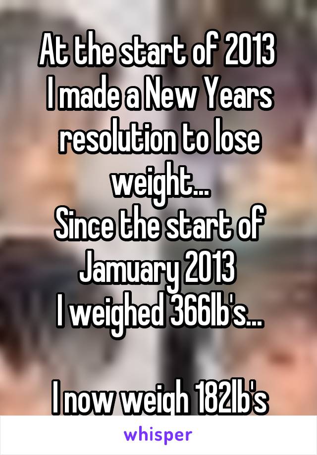 At the start of 2013 
I made a New Years resolution to lose weight...
Since the start of Jamuary 2013 
I weighed 366lb's...

I now weigh 182lb's