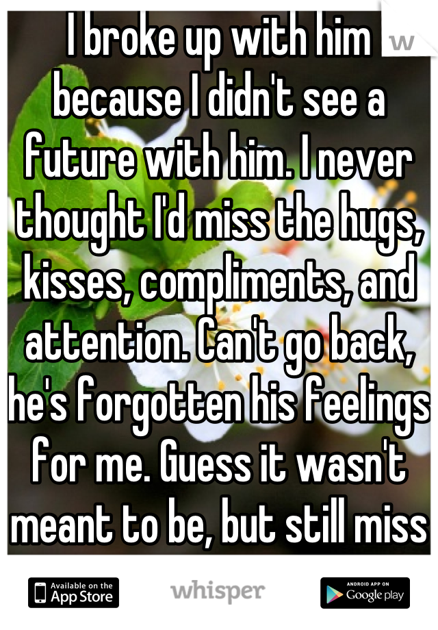 I broke up with him because I didn't see a future with him. I never thought I'd miss the hugs, kisses, compliments, and attention. Can't go back, he's forgotten his feelings for me. Guess it wasn't meant to be, but still miss it.