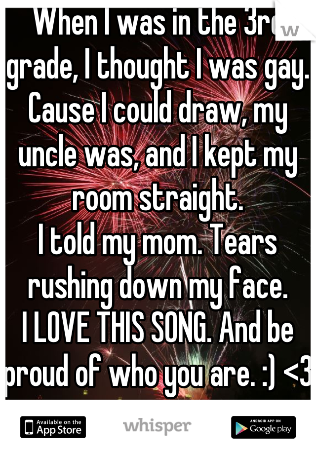 When I was in the 3rd grade, I thought I was gay.
Cause I could draw, my uncle was, and I kept my room straight.
I told my mom. Tears rushing down my face.
I LOVE THIS SONG. And be proud of who you are. :) <3