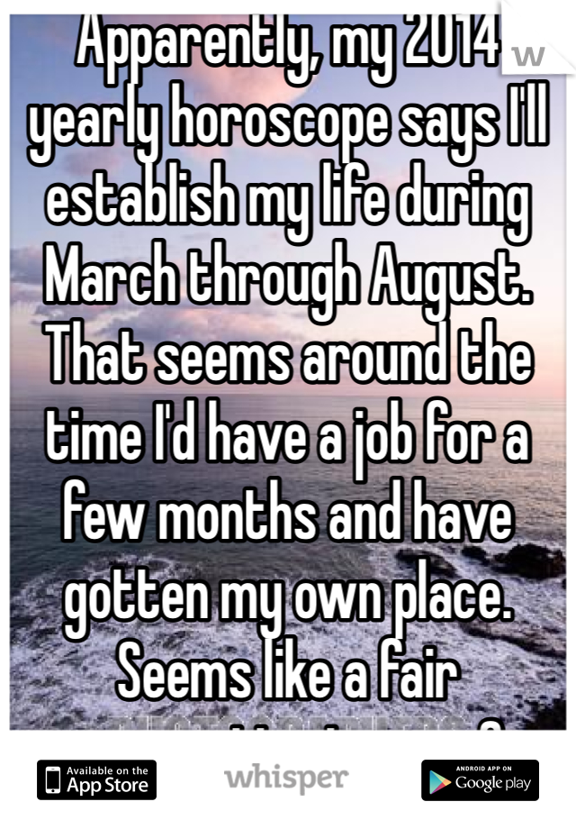 Apparently, my 2014 yearly horoscope says I'll establish my life during March through August. That seems around the time I'd have a job for a few months and have gotten my own place.
Seems like a fair assumption to me...?