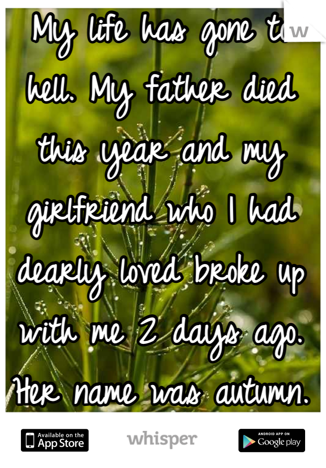 My life has gone to hell. My father died this year and my girlfriend who I had dearly loved broke up with me 2 days ago. Her name was autumn.