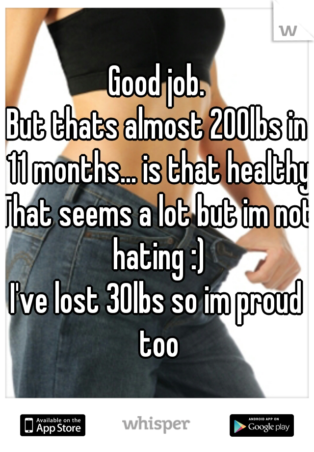 Good job.
But thats almost 200lbs in 11 months... is that healthy?
That seems a lot but im not hating :)
I've lost 30lbs so im proud too