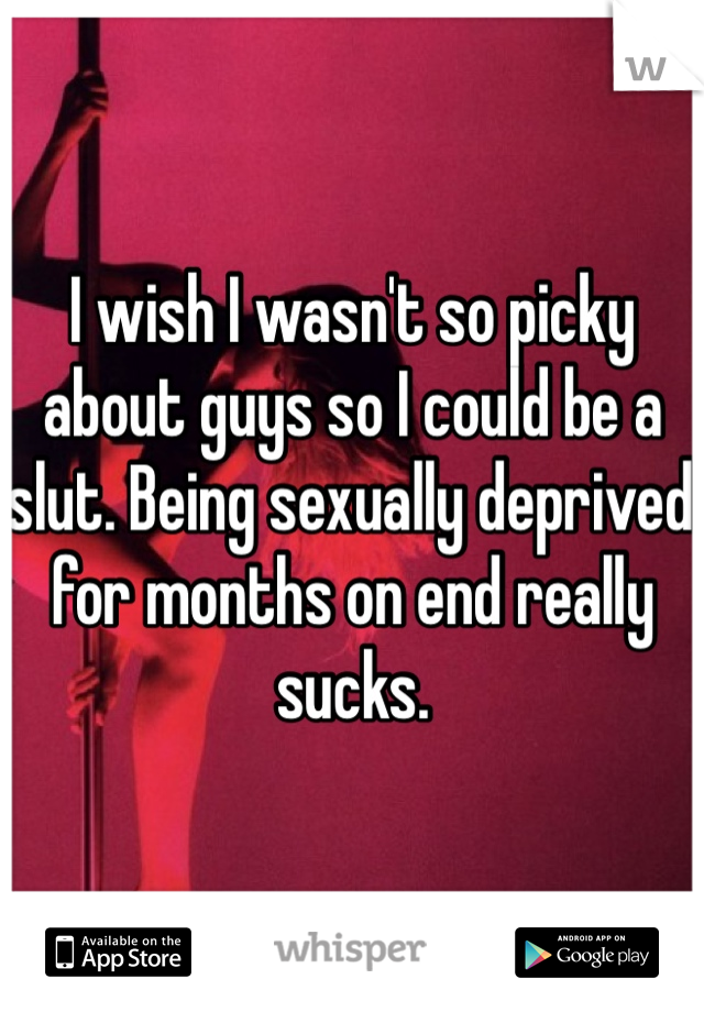 I wish I wasn't so picky about guys so I could be a slut. Being sexually deprived for months on end really sucks.