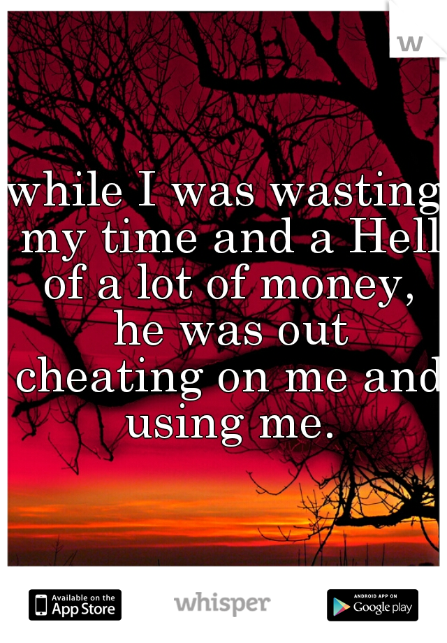 while I was wasting my time and a Hell of a lot of money, he was out cheating on me and using me.