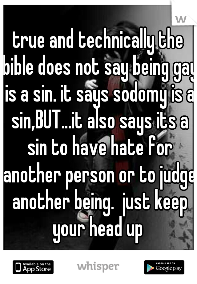 true and technically the bible does not say being gay is a sin. it says sodomy is a sin,BUT...it also says its a sin to have hate for another person or to judge another being.  just keep your head up 