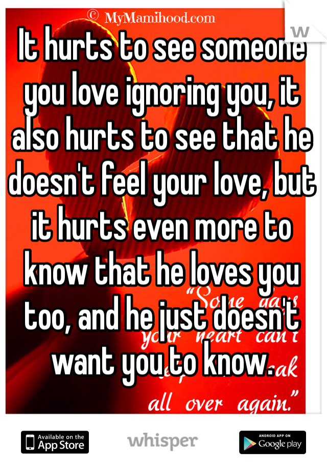 It hurts to see someone you love ignoring you, it also hurts to see that he doesn't feel your love, but it hurts even more to know that he loves you too, and he just doesn't want you to know.