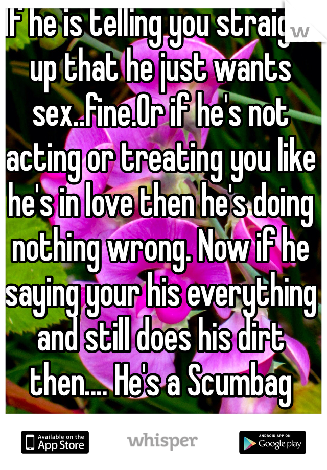 If he is telling you straight up that he just wants sex..fine.Or if he's not acting or treating you like he's in love then he's doing nothing wrong. Now if he saying your his everything and still does his dirt then.... He's a Scumbag