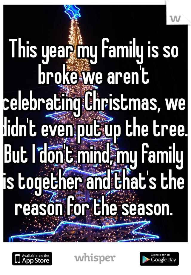 This year my family is so broke we aren't celebrating Christmas, we didn't even put up the tree. But I don't mind, my family is together and that's the reason for the season.