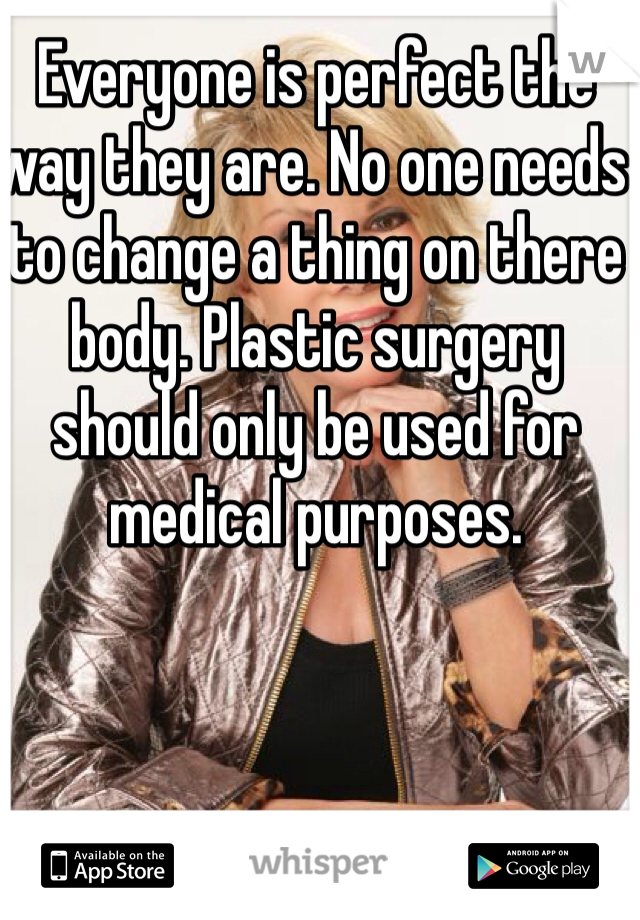 Everyone is perfect the way they are. No one needs to change a thing on there body. Plastic surgery should only be used for medical purposes. 
