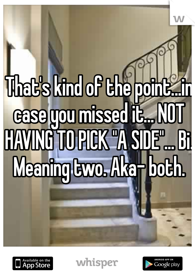 That's kind of the point...in case you missed it... NOT HAVING TO PICK "A SIDE"... Bi. Meaning two. Aka- both. 