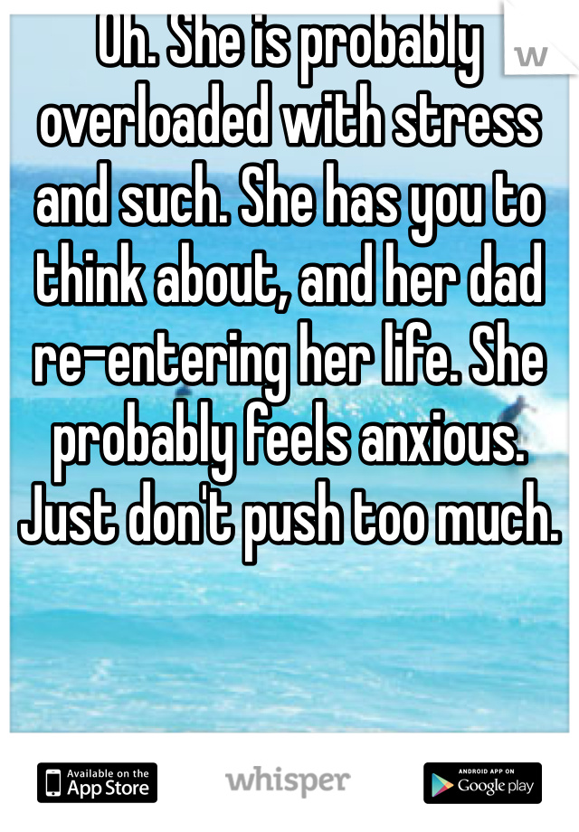 Oh. She is probably overloaded with stress and such. She has you to think about, and her dad re-entering her life. She probably feels anxious. Just don't push too much. 