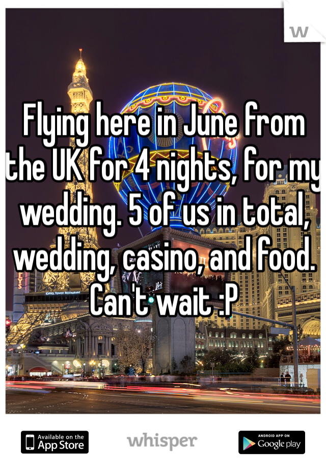 Flying here in June from the UK for 4 nights, for my wedding. 5 of us in total, wedding, casino, and food. Can't wait :P