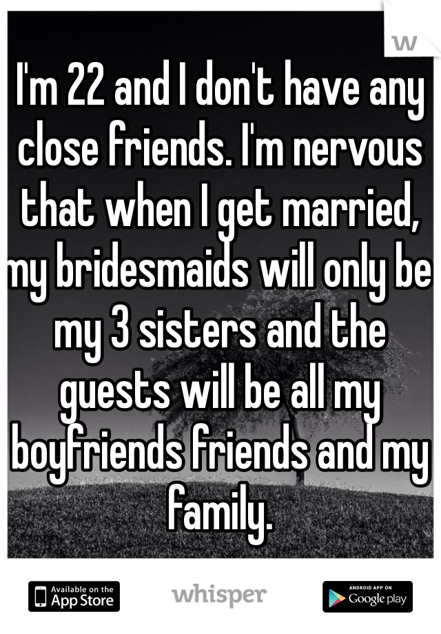I'm 22 and I don't have any close friends. I'm nervous that when I get married, my bridesmaids will only be my 3 sisters and the guests will be all my boyfriends friends and my family. 