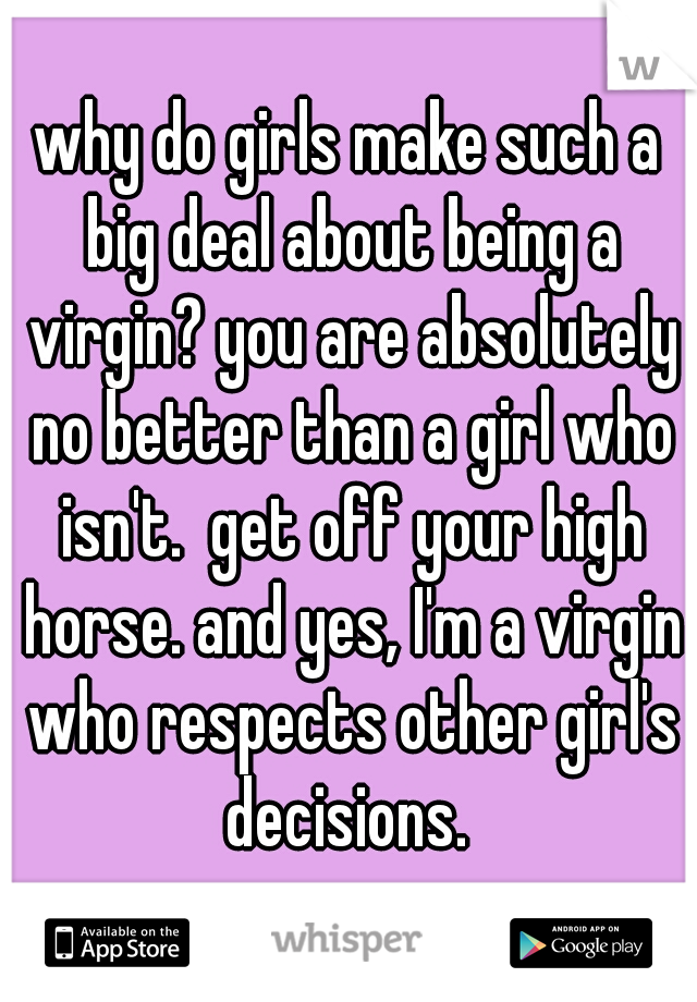 why do girls make such a big deal about being a virgin? you are absolutely no better than a girl who isn't.  get off your high horse. and yes, I'm a virgin who respects other girl's decisions. 