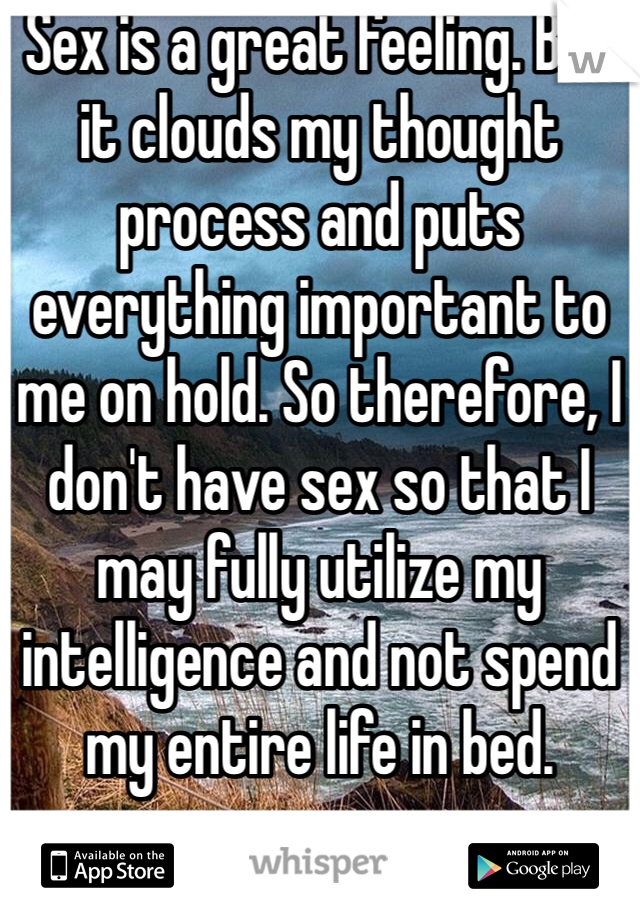 Sex is a great feeling. But it clouds my thought process and puts everything important to me on hold. So therefore, I don't have sex so that I may fully utilize my intelligence and not spend my entire life in bed. 