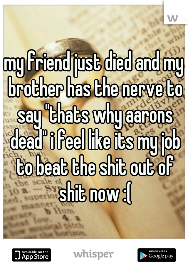 my friend just died and my brother has the nerve to say "thats why aarons dead" i feel like its my job to beat the shit out of shit now :(