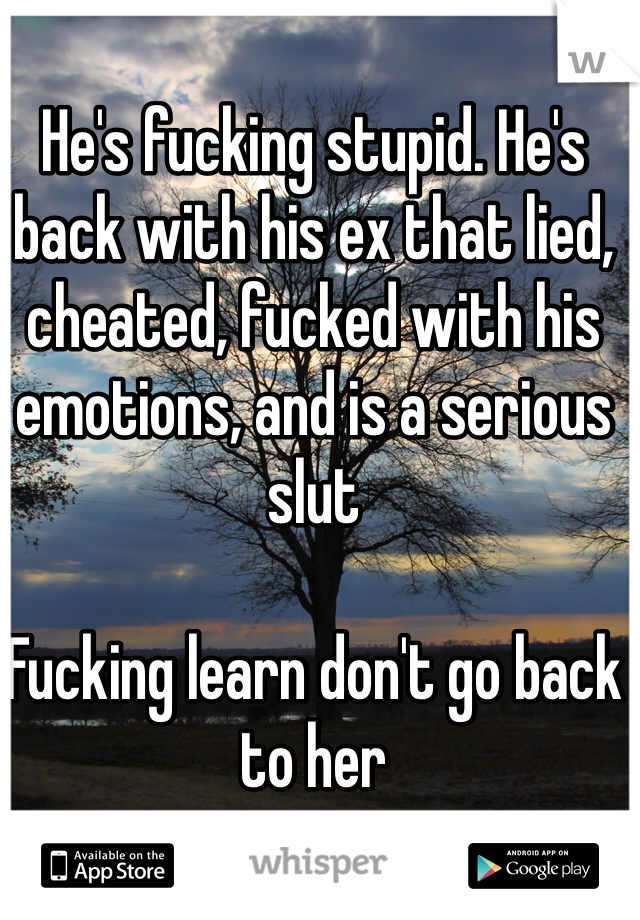 He's fucking stupid. He's back with his ex that lied, cheated, fucked with his emotions, and is a serious slut

Fucking learn don't go back to her