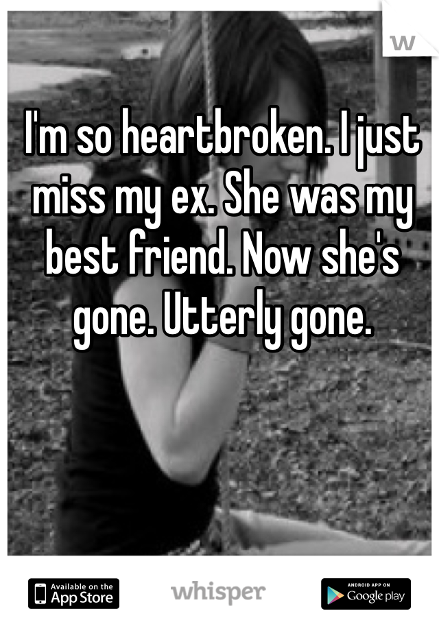 I'm so heartbroken. I just miss my ex. She was my best friend. Now she's gone. Utterly gone. 