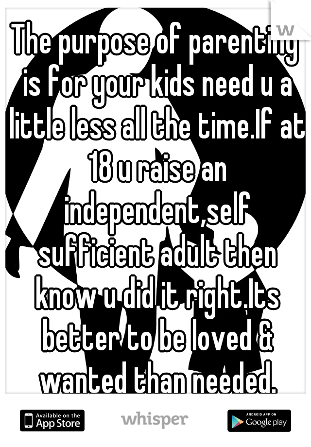 The purpose of parenting is for your kids need u a little less all the time.If at 18 u raise an independent,self sufficient adult then know u did it right.Its better to be loved & wanted than needed.