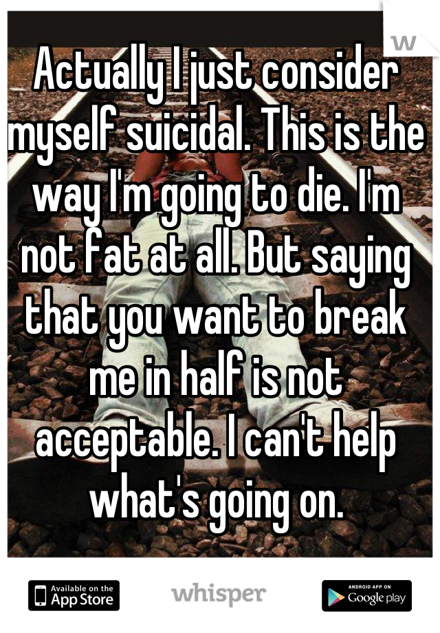 Actually I just consider myself suicidal. This is the way I'm going to die. I'm not fat at all. But saying that you want to break me in half is not acceptable. I can't help what's going on.