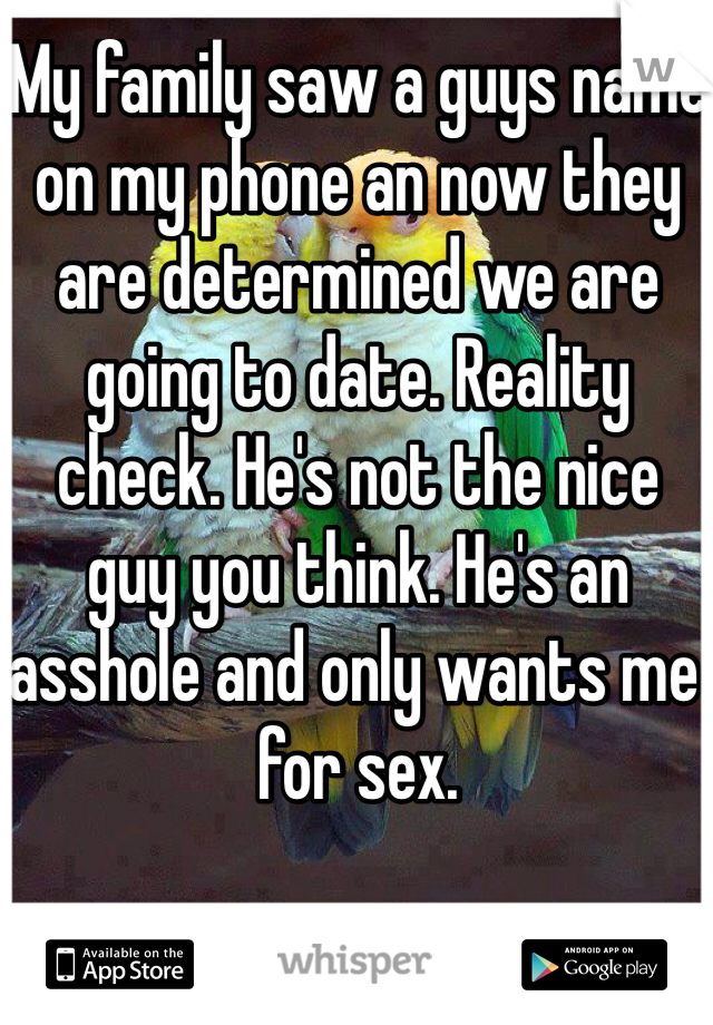 My family saw a guys name on my phone an now they are determined we are going to date. Reality check. He's not the nice guy you think. He's an asshole and only wants me for sex. 