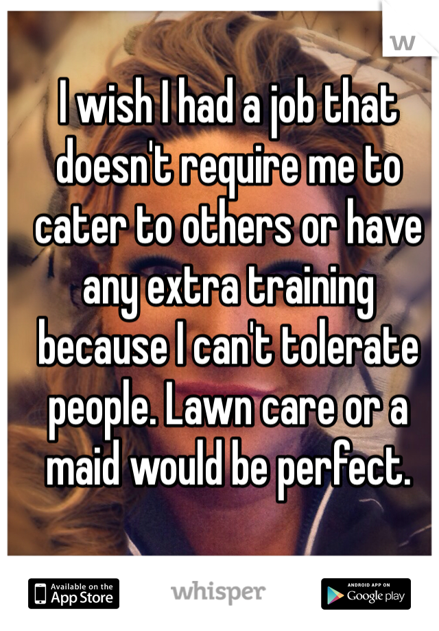 I wish I had a job that doesn't require me to cater to others or have any extra training because I can't tolerate people. Lawn care or a maid would be perfect. 