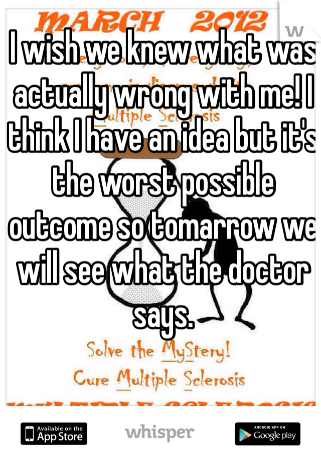 I wish we knew what was actually wrong with me! I think I have an idea but it's the worst possible outcome so tomarrow we will see what the doctor says. 