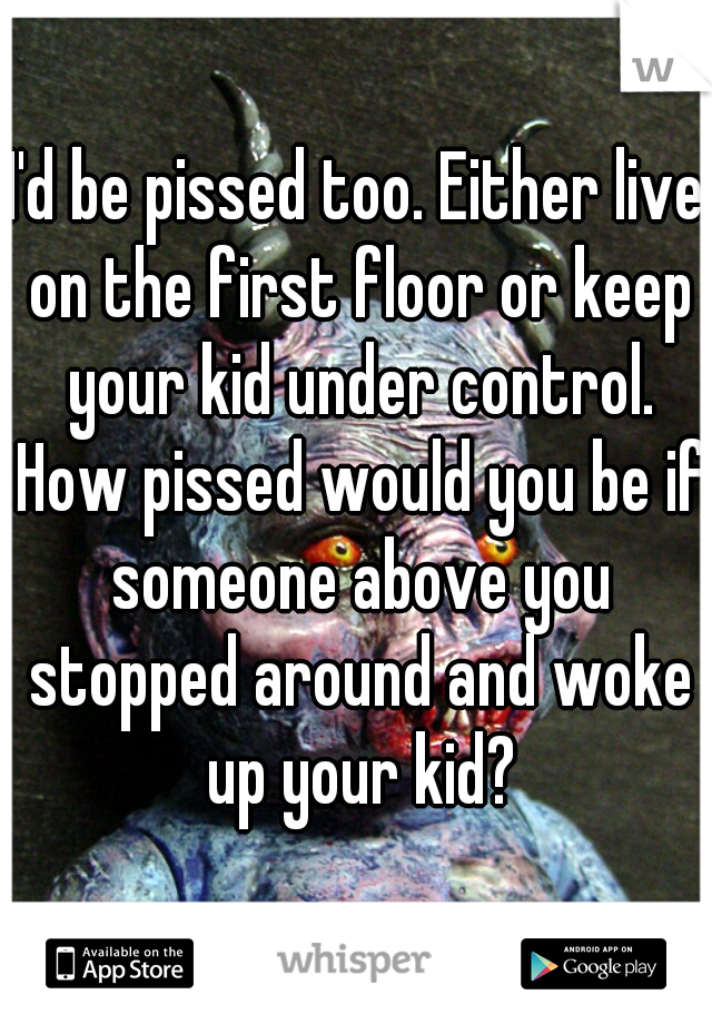 I'd be pissed too. Either live on the first floor or keep your kid under control. How pissed would you be if someone above you stopped around and woke up your kid?