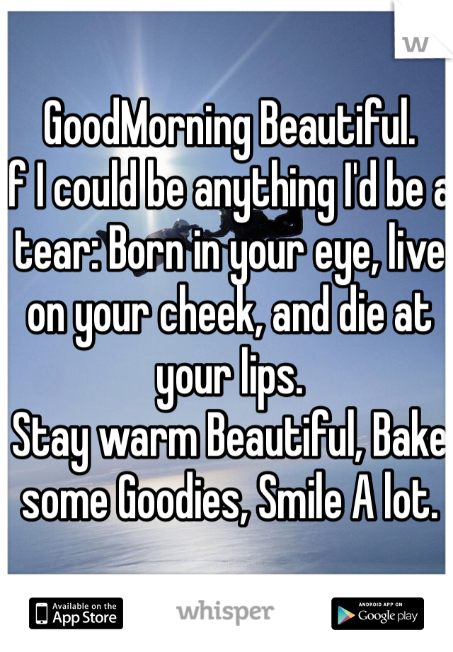 GoodMorning Beautiful.
If I could be anything I'd be a tear: Born in your eye, live on your cheek, and die at your lips.
Stay warm Beautiful, Bake some Goodies, Smile A lot.