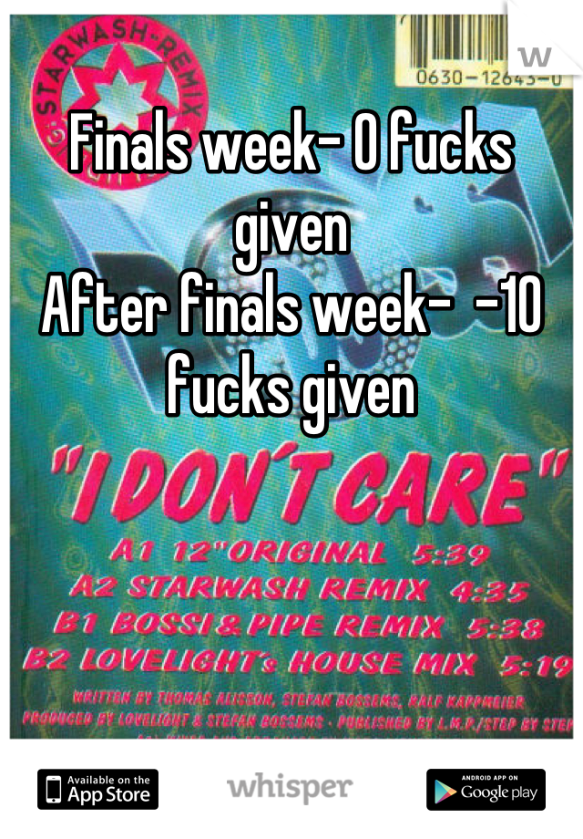 Finals week- 0 fucks given
After finals week-  -10 fucks given